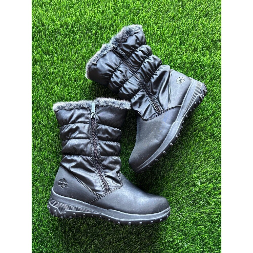 Totes Women's Black Quilted Winter Boots with Fur Trim sz 8